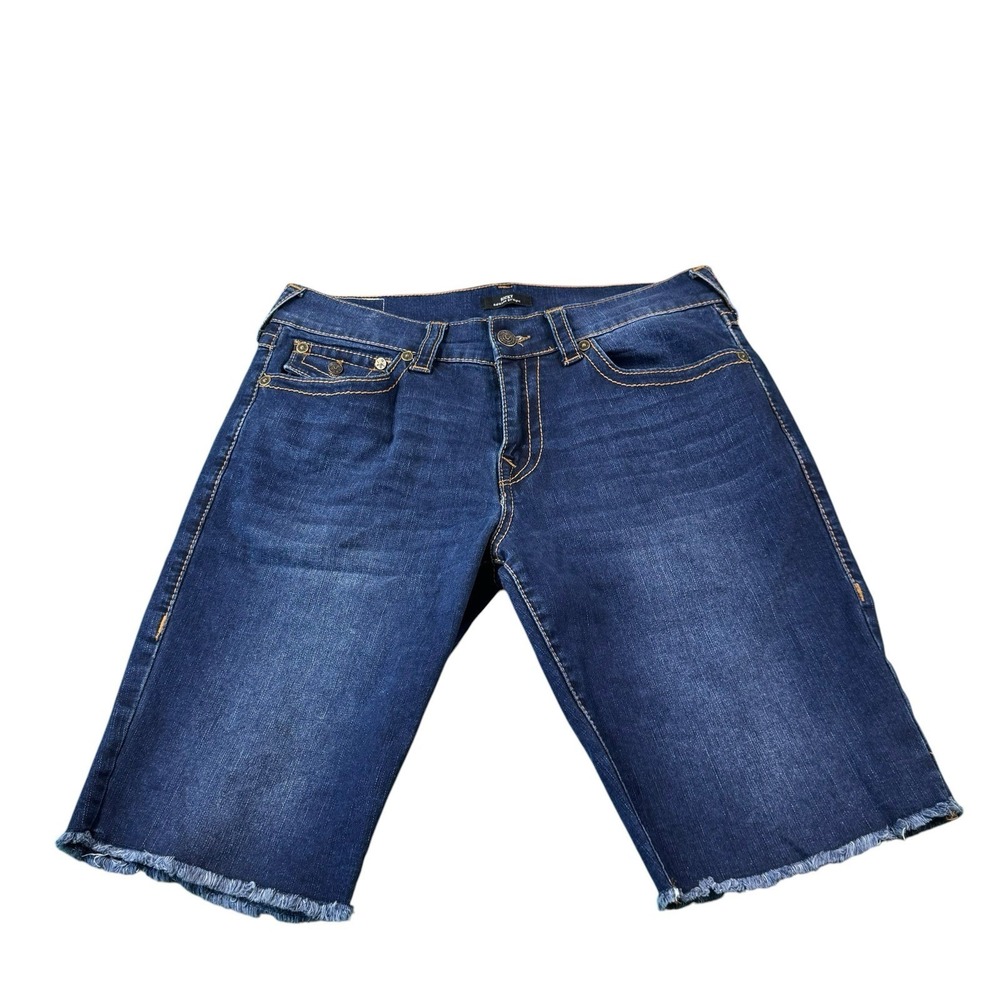 True Religion Ricky Distressed Dark Wash Denim Shorts‎ Size 34